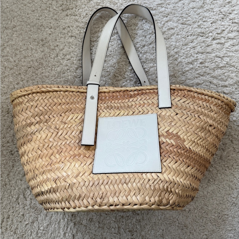 Loewe raffia basket tote bag in white leather